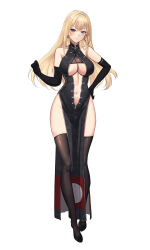 Rule 34 | 1girl, absurdres, bismarck (kancolle), black dress, black footwear, black gloves, black thighhighs, blonde hair, blue eyes, blush, breasts, china dress, chinese clothes, cleavage, closed mouth, collarbone, dress, earrings, ears visible through hair, elbow gloves, full body, gloves, groin, hair between eyes, highres, jewelry, kantai collection, large breasts, long hair, navel, odachu, pelvic curtain, shoes, simple background, smile, solo, thighhighs, white background