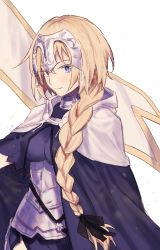 Rule 34 | 1girl, armor, armored dress, blonde hair, braid, braided ponytail, breasts, capelet, cloak, fate/apocrypha, fate/grand order, fate (series), flag, hair ribbon, headpiece, ichigawa (lethe), jeanne d&#039;arc (fate), jeanne d&#039;arc (ruler) (fate), long hair, looking at viewer, ribbon, simple background, solo, white background, yellow eyes