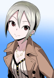 Rule 34 | 10s, 1girl, blue background, breasts, brown eyes, brown jacket, buttons, cleavage, collarbone, dan (orange train), gradient background, hair between eyes, idolmaster, idolmaster cinderella girls, jacket, jewelry, looking at viewer, necklace, ring, ring necklace, shiomi syuko, shirt, short hair, sidelocks, silver hair, simple background, smile, solo, striped clothes, striped shirt, upper body, vertical-striped clothes, vertical-striped shirt, white shirt