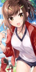 Rule 34 | 3girls, blue sky, blush, bra, breasts, brown eyes, brown hair, cameltoe, cleavage, collarbone, day, gym shorts, gym uniform, holding, holding whistle, jacket, leaning forward, long hair, looking at viewer, multiple girls, open mouth, original, oryo (oryo04), outdoors, red jacket, see-through, shirt, shorts, sidelocks, sky, smile, sweat, tree, underwear, whistle, wristband