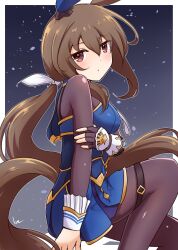 Rule 34 | 1girl, admire vega (umamusume), animal ears, artist name, black dress, black pantyhose, blue dress, brown hair, closed mouth, commentary request, dress, ear covers, fingerless gloves, from side, gloves, hair ribbon, hand on own arm, horse ears, horse girl, horse tail, kimukimu, light frown, long hair, looking at viewer, low ponytail, night, night sky, pantyhose, partial commentary, purple eyes, ribbon, short dress, signature, single ear cover, single glove, sitting, sky, solo, tail, thigh strap, two-tone dress, umamusume, white gloves, white ribbon