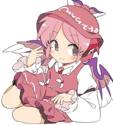 Rule 34 | 1girl, animal ears, bird ears, bird wings, brown dress, brown headwear, closed mouth, dress, full body, ini (inunabe00), long sleeves, looking at viewer, lying, mystia lorelei, on side, pink hair, short hair, simple background, smile, solo, touhou, white background, white wings, winged hat, wings