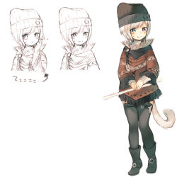 Rule 34 | 1girl, arrow (symbol), beanie, black footwear, black hat, black thighhighs, blue eyes, blush, boots, brown coat, cat tail, closed mouth, coat, commentary request, facial scar, final fantasy, final fantasy xiv, hand up, hat, heterochromia, long sleeves, looking away, midorikawa you, miqo&#039;te, multiple views, own hands together, purple eyes, scar, scar on cheek, scar on face, short hair, sidelocks, simple background, smile, standing, sweater, tail, thighhighs, translation request, turtleneck, turtleneck sweater, white background, white hair, white sweater