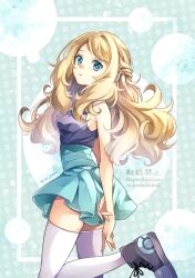 1girl blonde_hair blue_eyes blue_skirt breasts commentary_request creatures_(company) game_freak long_hair looking_at_viewer nintendo open_mouth pokemon pokemon_xy serena_(pokemon) shirt shoes skirt sleeveless sleeveless_shirt solo thighhighs yomogi_(black-elf) zettai_ryouiki