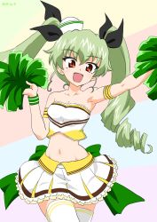Rule 34 | 1girl, :d, absurdres, alternate costume, anchovy (girls und panzer), arm up, armband, armpits, back bow, bare shoulders, black ribbon, bow, cheerleader, coco&#039;s, commentary, cowboy shot, dated, derivative work, dixie cup hat, double horizontal stripe, drill hair, drops mint, frilled armband, frilled skirt, frills, girls und panzer, green bow, green hair, hair ribbon, hat, highres, holding, holding pom poms, lace, lace-trimmed shirt, lace trim, large bow, long hair, looking back, midriff, military hat, miniskirt, multicolored background, navel, open mouth, pleated skirt, pom pom (cheerleading), pom poms, red eyes, ribbon, shirt, skirt, smile, solo, standing, strapless, thighhighs, tilted headwear, tube top, twin drills, twintails, white hat, white shirt, white skirt, white thighhighs, wristband
