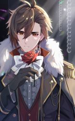 Rule 34 | 1boy, absurdres, bad id, bad pixiv id, black gloves, black jacket, blurry, blurry background, brown eyes, brown hair, center frills, chain, closed mouth, commentary request, depth of field, epaulettes, flower, frills, fur-trimmed jacket, fur trim, genshin impact, gloves, goroo (eneosu), grey shirt, hair between eyes, hand up, highres, holding, holding flower, jacket, long sleeves, looking at viewer, open clothes, open jacket, red flower, red rose, red vest, rose, shirt, solo, thick eyebrows, upper body, vest, zhongli (genshin impact)
