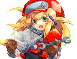 Rule 34 | 1girl, :d, blonde hair, blush stickers, capcom, clipboard, dinef, female focus, gloves, green eyes, hat, mega man (series), mega man legends (series), object behind ear, open mouth, pencil, roll caskett (mega man), simple background, smile, solo, white background, wrench