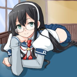 Rule 34 | 10s, 1girl, aqua eyes, bare hips, black hair, dd (ijigendd), glasses, hairband, hip vent, kantai collection, leaning, long hair, looking at viewer, ooyodo (kancolle), smile, solo