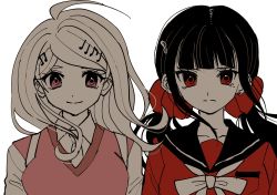 2girls ahoge akamatsu_kaede black_hair black_sailor_collar bow bowtie breasts closed_mouth collarbone collared_shirt danganronpa_(series) danganronpa_v3:_killing_harmony esu_(tasoesu) fortissimo grey_background grey_shirt hair_ornament hairclip harukawa_maki highres large_breasts long_hair mole mole_under_eye multiple_girls musical_note musical_note_hair_ornament necktie pink_vest portrait red_eyes red_scrunchie sailor_collar scrunchie shirt simple_background twintails vest white_bow white_bowtie