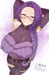 Rule 34 | absurdres, armpits, arms behind head, braid, braided ponytail, breasts, embarrassed, glasses, highres, large breasts, looking at viewer, looking up, mole, mole under mouth, purple hair, solo, thighhighs, umitsuki (kurage no shokushu)