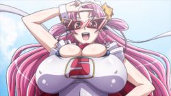 Rule 34 | 1girl, blush, breasts, bursting breasts, covered erect nipples, female focus, gigantic breasts, long hair, looking at viewer, open mouth, pink hair, screencap, seikon no qwaser, smile, solo, tsujidou miyuri, v