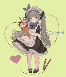 Rule 34 | 1girl, absurdres, ankle socks, apron, blue eyes, blunt bangs, blush, bow, bowtie, brown hair, cherry, chocolate syrup, daichengqi, dress, expressionless, food, footwear bow, frills, fruit, hair bow, hair ribbon, heart, highres, holding food, holding ice cream, ice cream, ice cream cone, long hair, looking at viewer, maid, maid apron, maid headdress, mary janes, original, oversized food, oversized object, petticoat, ribbon, shoes, short sleeves, socks, solo, twintails, very long hair, wafer stick, waffle cone