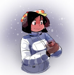 Rule 34 | 1girl, bad id, bad tumblr id, black hair, coat, cold, cup, food-themed clothes, hat, highres, mittens, mug, no legs, original, polyle, roni rollerblader, short hair, sketch, snow, solo, sweatdrop, trembling, winter clothes, winter coat