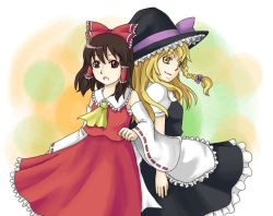 Rule 34 | 2girls, :d, apron, back-to-back, bad id, bad pixiv id, blonde hair, bow, brown eyes, brown hair, detached sleeves, female focus, hair bow, hair tubes, hakurei reimu, hat, japanese clothes, kirisame marisa, long sleeves, looking at viewer, miko, multiple girls, open mouth, sidelocks, smile, touhou, waist apron, witch, witch hat, yellow eyes
