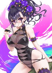 Rule 34 | 1girl, armlet, black hair, black one-piece swimsuit, blush, breasts, closed mouth, cowboy shot, fate/grand order, fate (series), glasses, hair ornament, inoue tomii, large breasts, looking at viewer, multicolored background, murasaki shikibu (fate), murasaki shikibu (swimsuit rider) (fate), one-piece swimsuit, purple eyes, signature, smile, solo, swimsuit