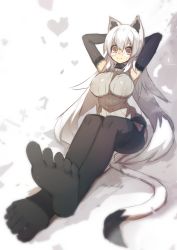 Rule 34 | 1girl, animal ear fluff, animal ears, arms behind head, black gloves, black pantyhose, breasts, cat ears, cat tail, elbow gloves, feet, glasses, gloves, highres, impossible clothes, large breasts, long hair, mamuru, no shoes, open mouth, original, pantyhose, red eyes, sitting, soles, solo, tail, thighband pantyhose, toes, white hair