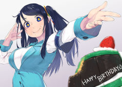 Rule 34 | 1girl, armband, bad id, bad pixiv id, beijuu, blue eyes, blue hair, blurry, cake, crumbs, depth of field, employee uniform, food, food bite, foreshortening, fruit, gradient background, grey background, happy birthday, krt girls, lips, long hair, looking at viewer, mackintosh rose, matching hair/eyes, outstretched arm, side ponytail, simple background, single sidelock, smile, solo, strawberry, taut clothes, uniform, xiao qiong
