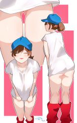 Rule 34 | 1girl, :d, ass, baseball cap, blue headwear, bottomless, brown eyes, brown hair, closed eyes, clothes pull, commentary request, facing viewer, from behind, gluteal fold, hat, highres, kawaikochan, kneepits, loose socks, multiple views, naked shirt, no panties, open mouth, original, ponytail, profile, pulled by self, pussy, pussy peek, red legwear, shirt, shirt pull, short sleeves, smile, socks, standing, white shirt