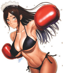 Rule 34 | 1girl, abs, armpits, artist name, bikini, black bikini, blush, boxing, boxing gloves, breasts, brown eyes, brown hair, cleavage, cowboy shot, dripping, hair ornament, hairclip, headdress, incoming attack, incoming punch, large breasts, long hair, maid headdress, navel, original, outline, outstretched arm, pout, punching, side-tie bikini bottom, simple background, solo, sweat, swimsuit, tsukasa jun, underboob, white background