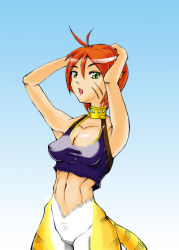 Rule 34 | 1girl, animal ears, bare shoulders, breasts, breath of fire, breath of fire ii, capcom, cat ears, cat tail, furry, furry female, green eyes, no panties, no pants, orange hair, pointy ears, rinpoo chuan, short hair, solo, striped, tail, white background
