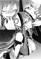 Rule 34 | 1girl, blush, breasts, character request, cleavage, closed eyes, floating hair, greyscale, hair between eyes, half-closed eyes, highres, hisasi, large breasts, long hair, masou gakuen hxh, monochrome, novel illustration, official art, saliva, saliva trail, solo focus, suggestive fluid, upper body, very long hair
