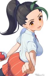 Rule 34 | 1girl, :d, ass, black hair, black pantyhose, blush, breasts, collared shirt, creatures (company), dark-skinned female, dark skin, forehead, freckles, from above, from side, game freak, highres, hirota fruit, holding, holding poke ball, index finger raised, long hair, looking at viewer, looking to the side, medium breasts, multicolored hair, naranja academy school uniform, necktie, nemona (pokemon), nintendo, open mouth, orange hair, orange shorts, pantyhose, pantyhose under shorts, pointing, pointing at viewer, poke ball, poke ball (basic), pokemon, pokemon sv, school uniform, shirt, short sleeves, shorts, smile, solo, streaked hair, striped clothes, striped shorts, white shirt