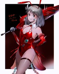 Rule 34 | 1girl, absurdres, adapted costume, bare shoulders, black eyes, brown hair, closed mouth, cowboy shot, detached collar, detached sleeves, e.g.o (project moon), employee (project moon), extra eyes, highres, holding, holding sword, holding weapon, leotard, lobotomy corporation, looking at viewer, medium hair, na-gyou (nunumaru), project moon, red leotard, single leg pantyhose, single thighhigh, smile, solo, sword, thighhighs, uniform, weapon
