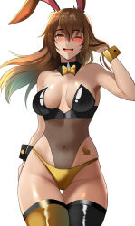 Rule 34 | 1girl, animal ears, arm up, armpits, asymmetrical wrist cuffs, bare shoulders, black collar, black leotard, black thighhighs, black wrist cuffs, blush, bow, bowtie, breasts, breasts apart, brown hair, check clothing, chinese zodiac, collar, commentary, covered navel, cowboy shot, detached collar, english commentary, floating hair, gold panties, gold thighhighs, gold wrist cuffs, groin, hair between eyes, highleg, highleg panties, lainart, large breasts, leotard, long hair, looking at viewer, mismatched thighhighs, mismatched wrist cuffs, navel, one eye closed, open mouth, panties, rabbit ears, rabbit girl, rabbit tattoo, rwby, see-through, see-through leotard, simple background, smile, solo, standing, strapless, tattoo, thighhighs, underwear, velvet scarlatina, white background, wing collar, wrist cuffs, year of the rabbit, yellow bow, yellow bowtie