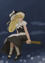 Rule 34 | 1girl, absurdres, black footwear, blonde hair, broom, broom riding, cloud, cloudy sky, hat, highres, kirisame marisa, long hair, mary janes, night, night sky, shinkopeishon, shoes, sky, socks, solo, star (sky), starry sky, touhou, white socks, witch, witch hat, yellow eyes