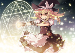 Rule 34 | 1girl, apron, black dress, black gloves, blonde hair, bow, braid, commentary request, cross (crossryou), dress, fingerless gloves, gloves, gradient background, grin, hat, hat bow, kirisame marisa, magic circle, master spark, mini-hakkero, outstretched arm, outstretched hand, puffy short sleeves, puffy sleeves, shirt, short sleeves, single braid, smile, solo, star (symbol), touhou, waist apron, wind, witch hat, yellow eyes