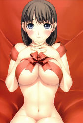 Rule 34 | 1girl, absurdres, anegasaki nene, black eyes, blush, breast suppress, breasts, brown hair, highres, large breasts, love plus, mole, mole under eye, naked ribbon, navel, own hands together, ribbon, scan, smile, solo, tanaka shoutarou