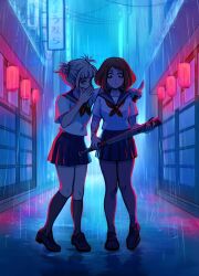 Rule 34 | 2girls, alley, alternate costume, arm around shoulder, backlighting, bandaged wrist, bandages, baseball bat, black pantyhose, black socks, blonde hair, blood, bloody weapon, blue sailor collar, blue skirt, blunt bangs, bob cut, boku no hero academia, breasts, brown eyes, brown footwear, brown hair, city, combat knife, commentary, covering own mouth, dark, double bun, dress shirt, english commentary, expressionless, full body, hair bun, hair up, hand on own face, holding, holding baseball bat, holding knife, holding weapon, kneehighs, knife, lantern, loafers, looking at viewer, looking to the side, medium breasts, messy hair, multiple girls, neckerchief, night, pantyhose, paper lantern, parted lips, pineberry, pleated skirt, power lines, puddle, rain, red neckerchief, reverse grip, sailor collar, sanpaku, school uniform, serafuku, serious, shaded face, shirt, shoes, short hair, short sleeves, side-by-side, sidelocks, sign, skirt, smile, socks, thick eyebrows, threat, toga himiko, translated, uraraka ochako, walking, weapon, whispering, white shirt, yandere, yellow eyes