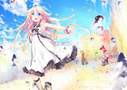 Rule 34 | 1girl, ahoge, bad id, bad pixiv id, blue eyes, boots, bracelet, bubble, cloud, day, dress, ia (vocaloid), indoors, jewelry, katou itsuwa, long hair, open mouth, paint, pink hair, sky, smile, very long hair, vocaloid, white dress