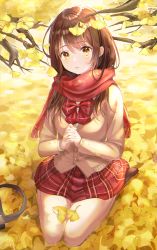 Rule 34 | 1girl, absurdres, autumn, autumn leaves, bad id, bad pixiv id, bag, blazer, blush, bow, bowtie, branch, breasts, brown hair, chromatic aberration, dasha, day, fringe trim, from above, hands up, highres, huge filesize, jacket, leaf, light particles, long hair, looking at viewer, on ground, original, outdoors, own hands clasped, own hands together, parted lips, plaid, plaid bow, plaid bowtie, plaid neckwear, plaid skirt, red bow, red bowtie, red scarf, red skirt, scarf, school uniform, shoes, sitting, skirt, solo, sunlight, wariza, yellow eyes