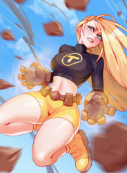 Rule 34 | 1girl, belt, blonde hair, blue eyes, breasts, brown gloves, clenched teeth, commentary, dc comics, english commentary, gloves, highres, long hair, looking at viewer, medium breasts, midriff, motion blur, navel, qtori, rock, shirt, shorts, solo, sweat, teen titans, teeth, terra (dc), yellow shorts