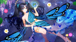 Rule 34 | 1girl, absurdres, black hair, blue butterfly, blue eyes, bug, butterfly, earth (planet), flower, hair ornament, highres, holding, holding flower, indie virtual youtuber, insect, jewellery, jewelry, lake, long hair, necklace, petals, planet, reflection, reflective water, sakotach, sandals, star (sky), twintails