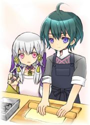 Rule 34 | 1boy, 1girl, apron, blue eyes, byleth (fire emblem), byleth (male) (fire emblem), choker, cookie cutter, dough, fire emblem, fire emblem: three houses, green hair, hair ornament, height difference, hiroyamitaka, lysithea von ordelia, nintendo, pink eyes, rolling pin, shawl, simple background, sleeves rolled up, smile, tray, white hair