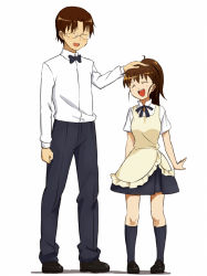 Rule 34 | 1boy, 1girl, apron, bad id, bad pixiv id, brown hair, closed eyes, hand on another&#039;s head, height difference, open mouth, shibasaki shouji, simple background, skirt, smile, takanashi souta, taneshima popura, waiter, waitress, working!!