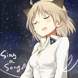 Rule 34 | 1girl, ahoge, animal ears, blush, cat ears, english text, closed eyes, musical note, sandwich (artist), sanya v. litvyak, smile, solo, star (symbol), strike witches, tsuchii (ramakifrau), white hair, world witches series