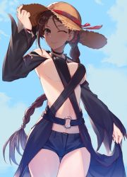 Rule 34 | 1girl, adapted costume, bad id, bad twitter id, black one-piece swimsuit, black sleeves, blush, braid, breasts, brown eyes, brown hair, cleavage, commentary request, detached sleeves, eyewear on head, fate/grand order, fate (series), glasses, hakuishi aoi, hat, heroic spirit festival outfit, large breasts, long braid, long hair, looking at viewer, one-piece swimsuit, one eye closed, sideboob, single braid, smile, solo, straw hat, swimsuit, very long hair, yu mei-ren (fate), yu mei-ren (festival outfit) (fate)