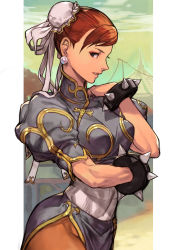 Rule 34 | 1girl, bracelet, breasts, brown hair, brown pantyhose, bun cover, capcom, china dress, chinese clothes, chun-li, double bun, dress, earrings, hair bun, hungry clicker, jewelry, looking at viewer, outdoors, pantyhose, pelvic curtain, profile, puffy short sleeves, puffy sleeves, sash, short hair, short sleeves, side slit, solo, spiked bracelet, spikes, street fighter, utility pole