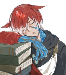 Rule 34 | 1boy, animal ears, book, book stack, cat ears, closed eyes, crystal exarch, facing viewer, final fantasy, final fantasy xiv, g&#039;raha tia, head tilt, highres, lumeru 33, male focus, material growth, multicolored hair, parted lips, red hair, simple background, sleeping, solo, two-tone hair, upper body, white background, white hair