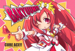Rule 34 | 1girl, brooch, character name, chibi, copyright name, cure ace, dokidoki! precure, hair ribbon, heart, heart brooch, jewelry, katsuma rei, lipstick, madoka aguri, magical girl, makeup, necklace, one eye closed, open mouth, ponytail, precure, red eyes, red hair, ribbon, solo, wink