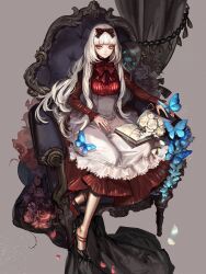Rule 34 | 1girl, alice in wonderland, armchair, black ribbon, blue butterfly, blunt bangs, book, breasts, bug, butterfly, chair, dress, flower, full body, grey background, hair ribbon, high heels, highres, insect, kabi (kb), light smile, long hair, looking at viewer, original, patent heels, plant, pumps, red dress, red flower, red rose, red soles, ribbon, rose, shoes, sitting, small breasts, solo, stiletto heels, thorns, underbust, vines, white flower, white hair, white rose, yellow eyes