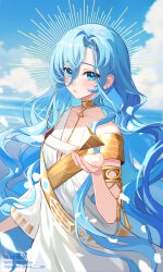 Rule 34 | 1girl, 37 (reverse:1999), absurdres, ancient greek clothes, armlet, artist name, blue eyes, blue hair, blue sky, blurry, blurry background, cloud, day, flat chest, gold choker, greco-roman clothes, hair between eyes, halo behind head, hand up, highres, hira qw, instagram username, long hair, looking at viewer, ocean, outdoors, parted lips, reverse:1999, single sleeve, sky, solo, tetrahedron, toga, twitter username, upper body, very long hair
