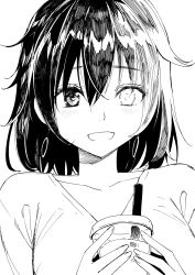 Rule 34 | 1girl, collarbone, commentary request, dress, drinking straw, furutaka (kancolle), glowing, glowing eye, greyscale, heterochromia, highres, kantai collection, masukuza j, monochrome, official alternate costume, short hair, smile, solo, upper body