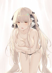 Rule 34 | 1girl, azur lane, backlighting, bad id, bad pixiv id, bare arms, bare legs, bare shoulders, black panties, blush, bow, breasts, cleavage, collar, covering privates, covering breasts, curtains, foreshortening, formidable (azur lane), grey hair, hairband, highres, long hair, looking at viewer, merry hearm, nude, open mouth, orange eyes, panties, simple background, solo, twintails, underwear, very long hair, white background, white hair