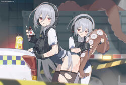 2girls absurdres bilibili_xiaolu blue_leotard bottle bulletproof_vest can car fingerless_gloves gloves grey_hair highres holding holding_bottle holding_tentacle leaning_forward leotard long_hair motor_vehicle multiple_girls original pantyhose parted_lips red_eyes short_hair short_sleeves thighhighs torn_clothes torn_pantyhose torn_thighhighs very_long_hair