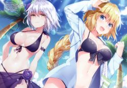 Rule 34 | 2girls, :d, alternate costume, arm up, bag, bikini, black bikini, black hairband, blonde hair, blue eyes, blue jacket, blue sky, braid, breasts, cleavage, closed mouth, cloud, day, fate/grand order, fate (series), flower, front-tie bikini top, front-tie top, hair flower, hair ornament, hairband, highres, hood, hooded jacket, jacket, jeanne d&#039;arc (fate), jeanne d&#039;arc (ruler) (fate), jeanne d&#039;arc (swimsuit archer) (fate), jeanne d&#039;arc (swimsuit archer) (first ascension) (fate), jeanne d&#039;arc alter (avenger) (fate), jeanne d&#039;arc alter (fate), large breasts, long braid, long hair, long sleeves, masuishi kinoto, multiple girls, open clothes, open jacket, open mouth, outdoors, palm tree, ponytail, purple flower, purple rose, rose, scan, short hair, silver hair, single braid, sky, smile, swimsuit, translation request, tree, very long hair, yellow eyes