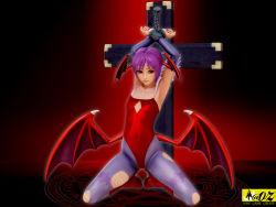 Rule 34 | 1girl, bdsm, capcom, demon girl, female focus, flat chest, full body, gradient background, lilith aensland, pantyhose, solo, torn clothes, torn pantyhose, vampire (game), wings